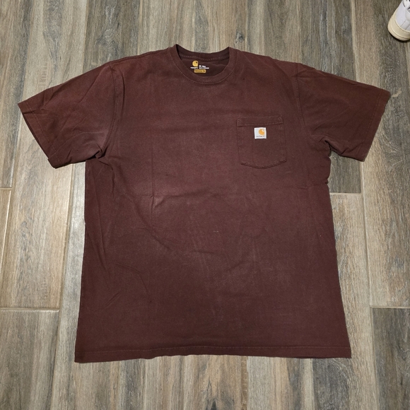 Distressed Maroon Carhartt Essential Pocket T Shirt - Picture 1 of 8